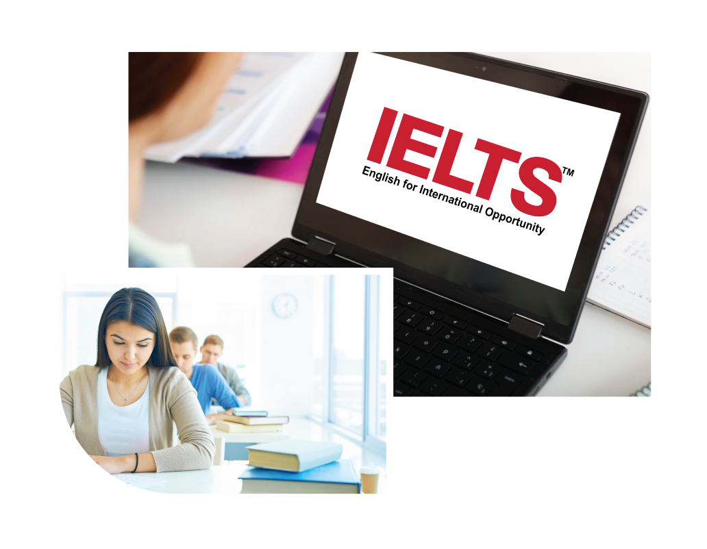 Student preparing for IELTS test with study materials